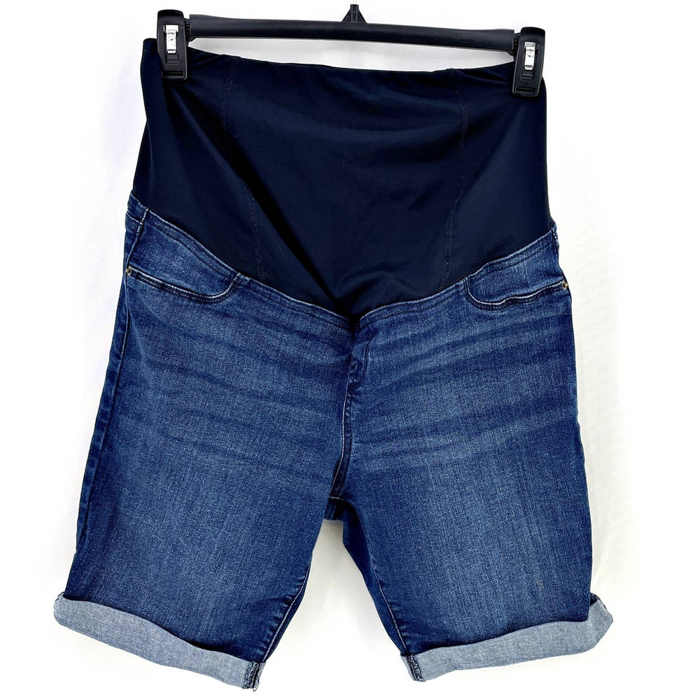 Maternity Denim Bermuda Shorts in Dark Blue with Black Waist Panel